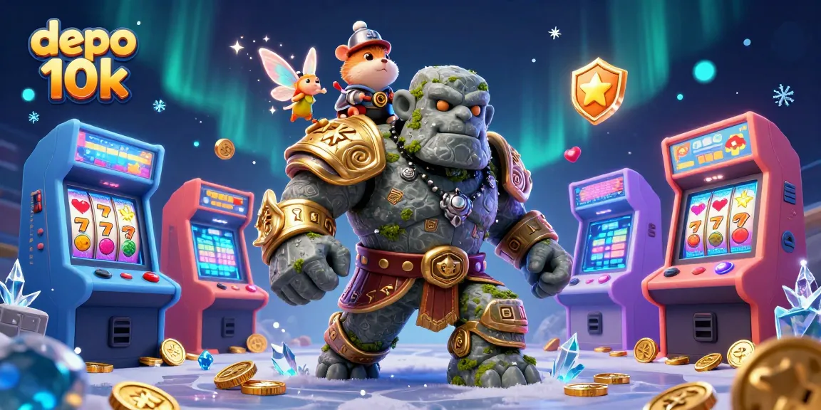 Engage with exhilarating gameplay at depo 10k, featuring a magical scene of a golem guardian and a fairy casting spells.