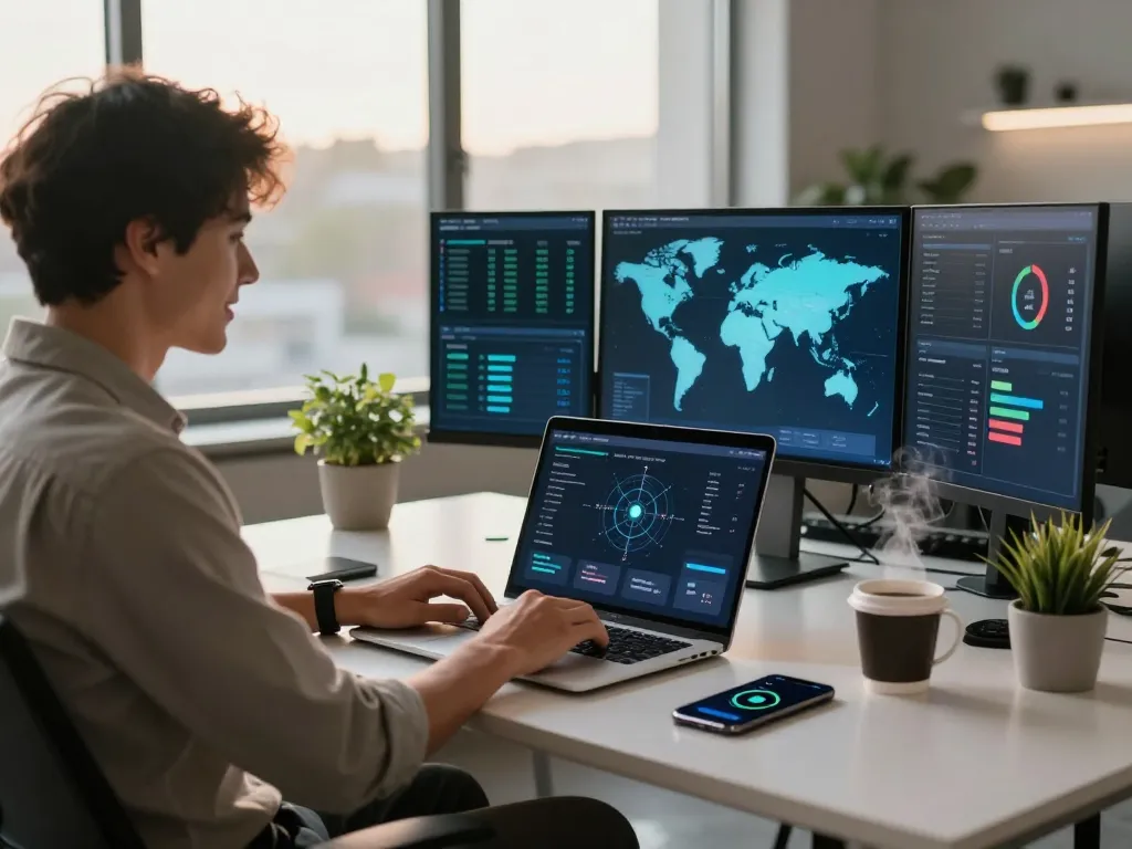 快连 network optimization tool in action at a modern desk with vibrant productivity elements.