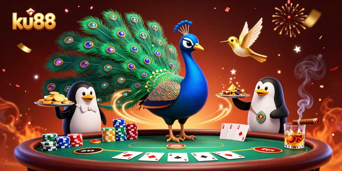 Engage with ku88's vibrant gaming scene showcasing a peacock and penguin with poker elements.