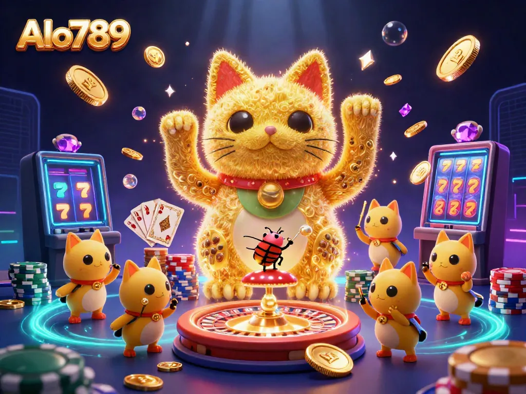 Experience the vibrant energy of Alo789 with a dynamic casino-themed illustration featuring a lucky cat and shimmering symbols.