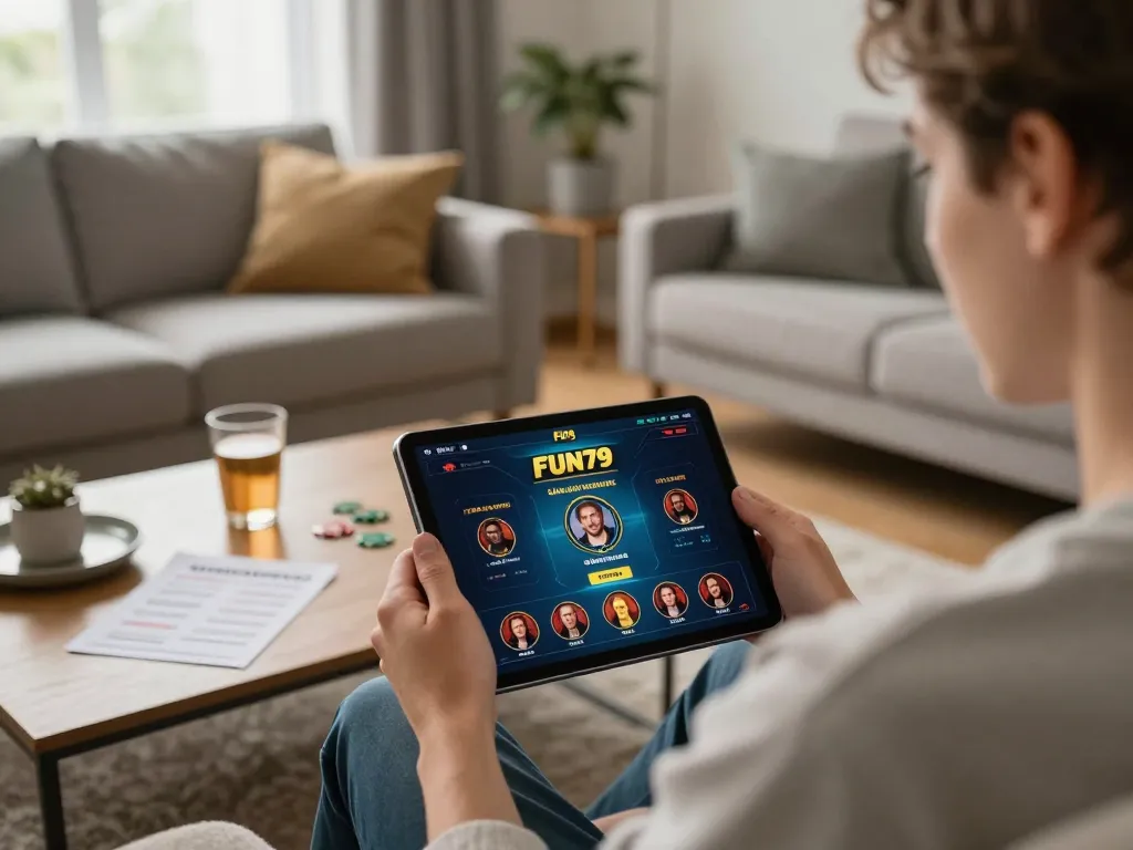 Engaging user experience with the FUN79 app for online gambling in a cozy living room setting