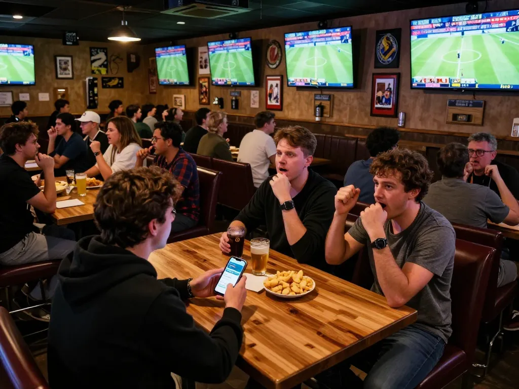 Fan placing bets on keobongda app while watching live sports in a vibrant bar atmosphere
