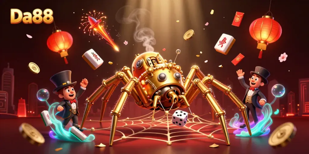 Play and win at Da88 with a vibrant casino-themed 3D scene showcasing golden elements and exciting gameplay.