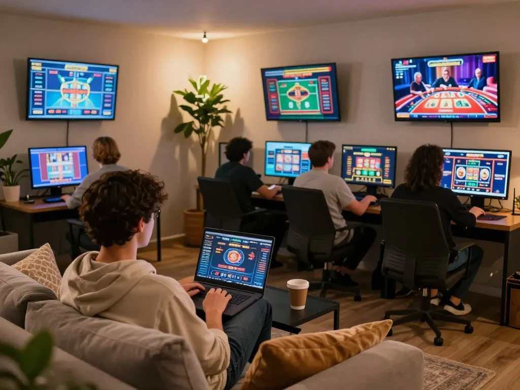 Players engaged in online gambling using spacucina on laptops in a cozy and modern gaming lounge.