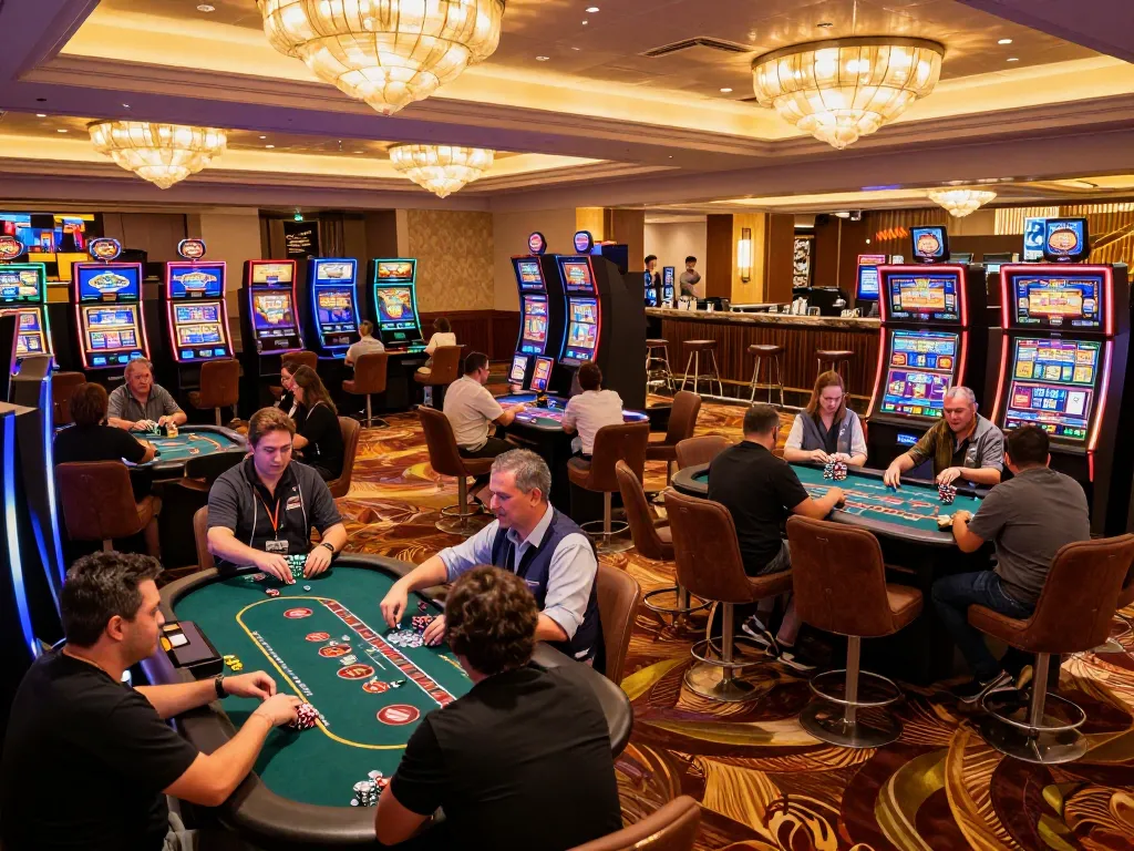 Schoeneckhotel players enjoying dynamic blackjack games on a busy upscale casino floor
