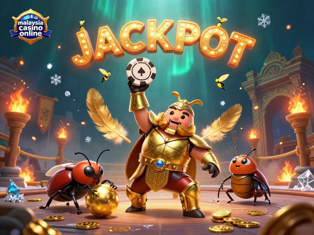 Experience excitement at malaysia casino online with a beetle hero celebrating a jackpot victory.
