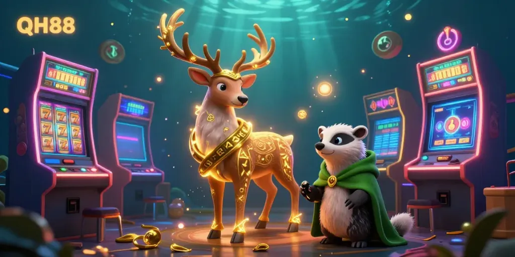 Experience excitement with QH88 in a vibrant 3D casino world featuring druid characters among slot machines.