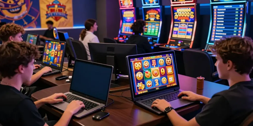 Engaged players enjoying bro138 online slot games on various devices in a vibrant gaming environment.