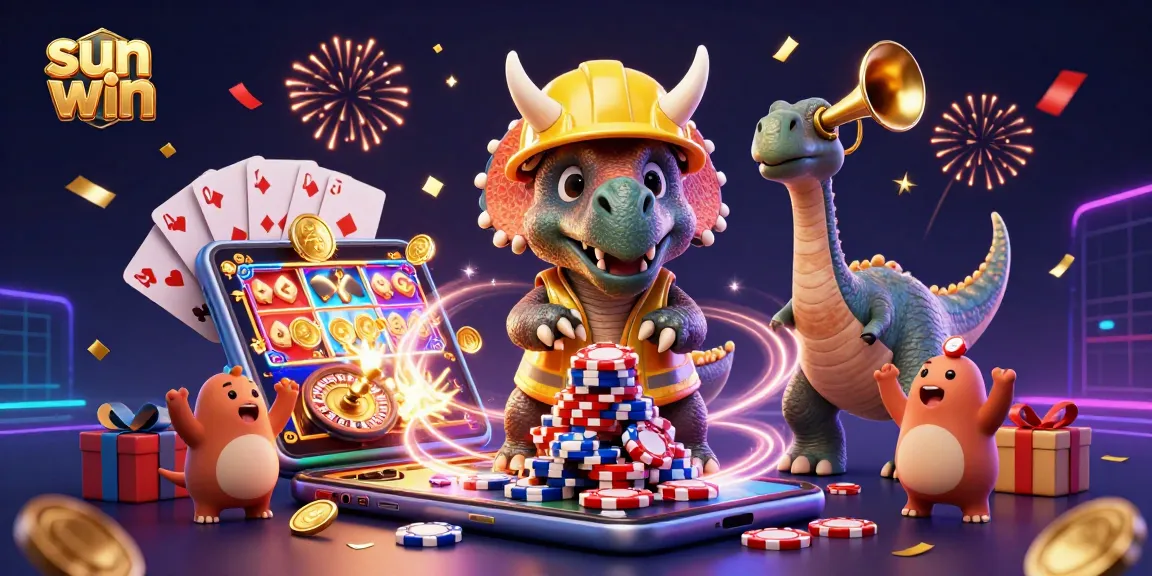 Experience the thrill of sun win with a vibrant casino scene showcasing playful dinosaurs and exciting game elements.