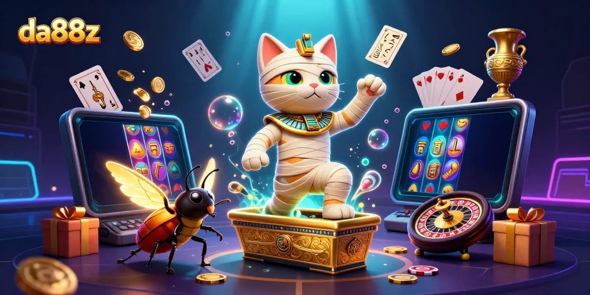 Spin and win with da88z, featuring an exciting scene of a mummy cat in a vibrant casino.