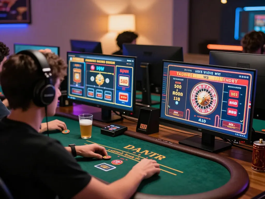 Player engaging in nhacaiuytinn poker game on multi-screen setup with ambient lighting