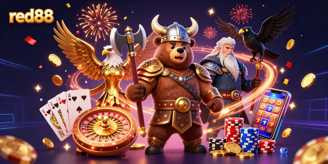 Play some exciting games at red88 with a Viking berserker bear and Valkyrie eagle amid a dynamic casino scene.