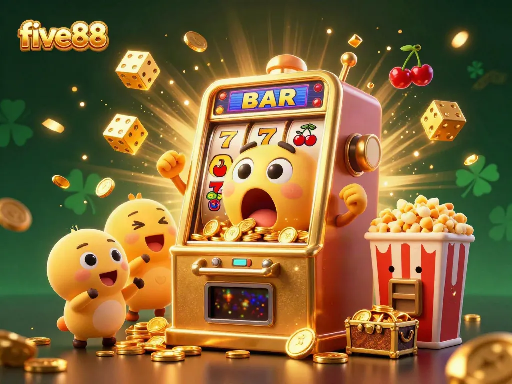 Engaging scene of five88's golden slot machine hitting jackpots, surrounded by cheering slots and golden treasures.