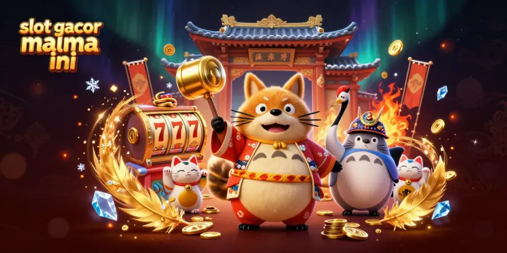 Experience the excitement of slot gacor malma ini with cheerful characters and dynamic casino elements in a vibrant illustration.