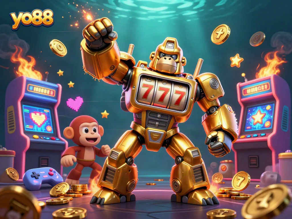 Experience thrilling gameplay with yo88’s dynamic slot machine scene featuring golden characters and vibrant casino elements.