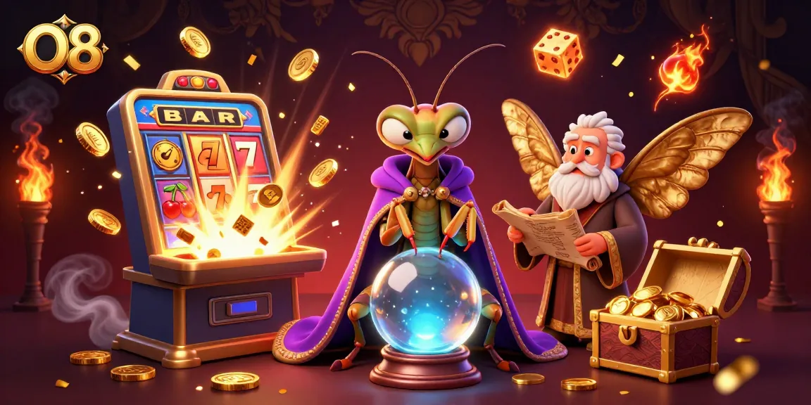 Bet on O8's exciting slot machines with a vibrant display of jackpot celebrations and mystical elements.