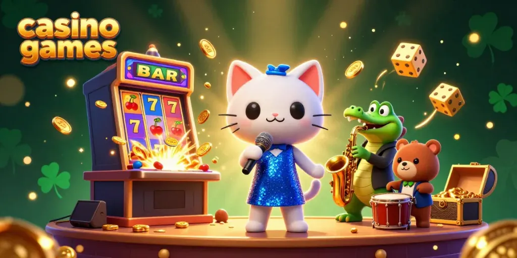 Experience vibrant casino games with a jazz-singer cat, crocodile, and bear in an explosive gaming scene.