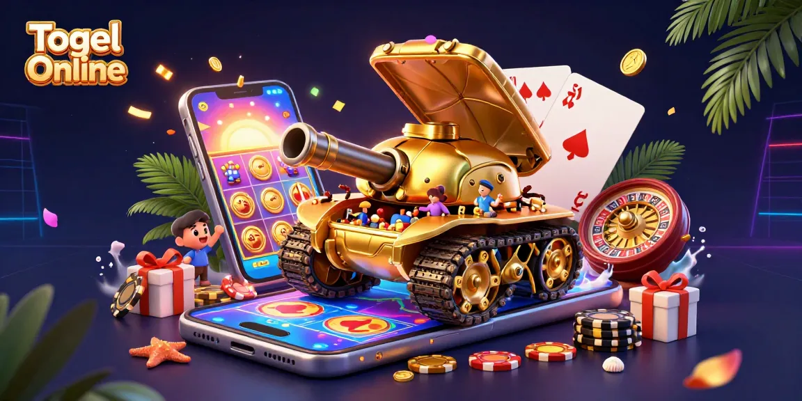 Togel Online showcases vibrant gameplay with a golden beetle tank casino surrounded by exciting slot game elements.