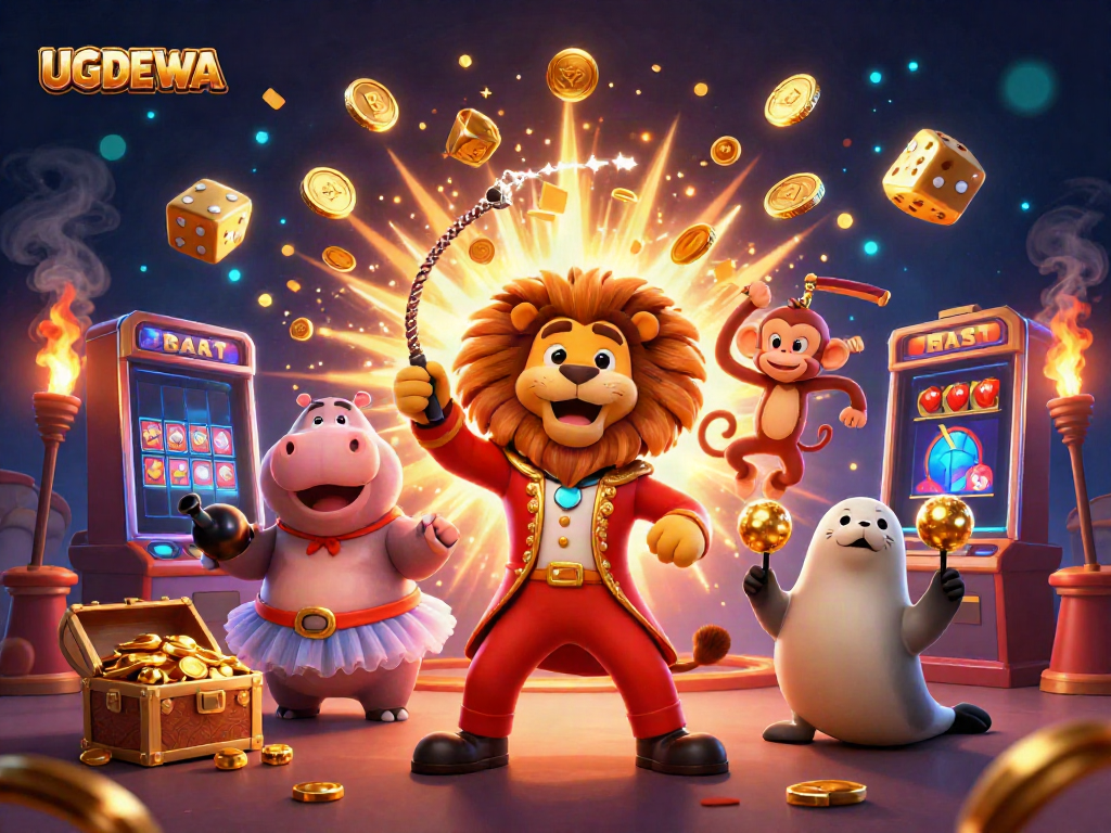 Experience the thrills of UGDEWA with vibrant circus characters and a jackpot explosion in this illustration.