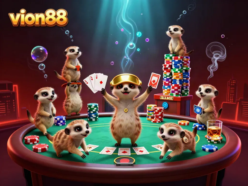 Experience vibrant gameplay with vion88 through a dynamic casino scene featuring diverse meerkat characters.