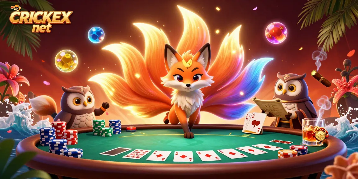 Experience the vibrant gaming world of CRICKEX net with a colorful nine-tailed fox and poker elements illustrating dynamic betting