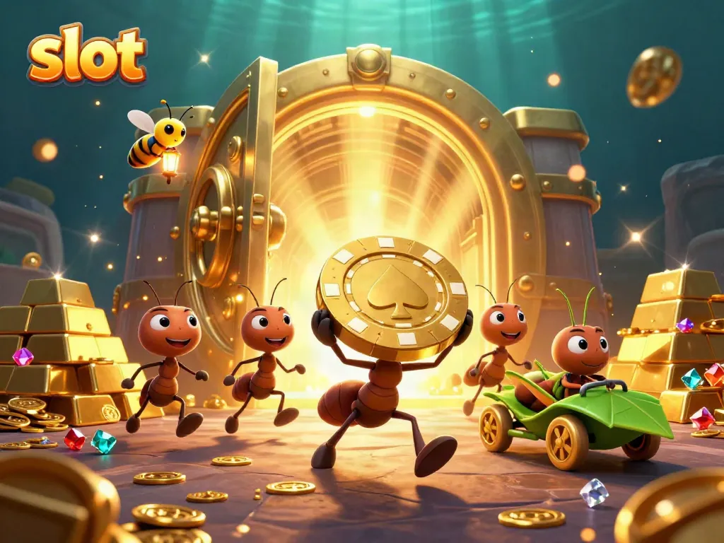 Ants carry a giant poker chip in a vibrant casino scene featuring golden treasures and slot symbols.