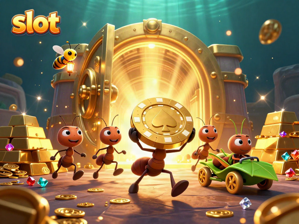 Ants carry a giant poker chip in a vibrant casino scene featuring golden treasures and slot symbols.