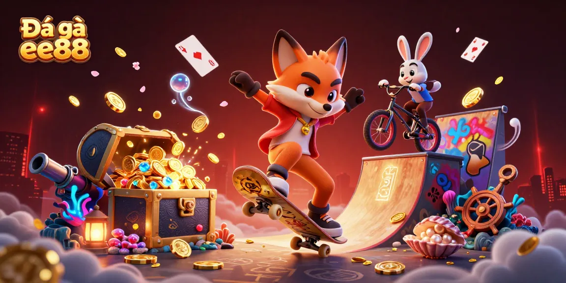 Experience the thrilling action of Đá gà ee88 with dynamic characters and rich casino elements in this vibrant illustration.