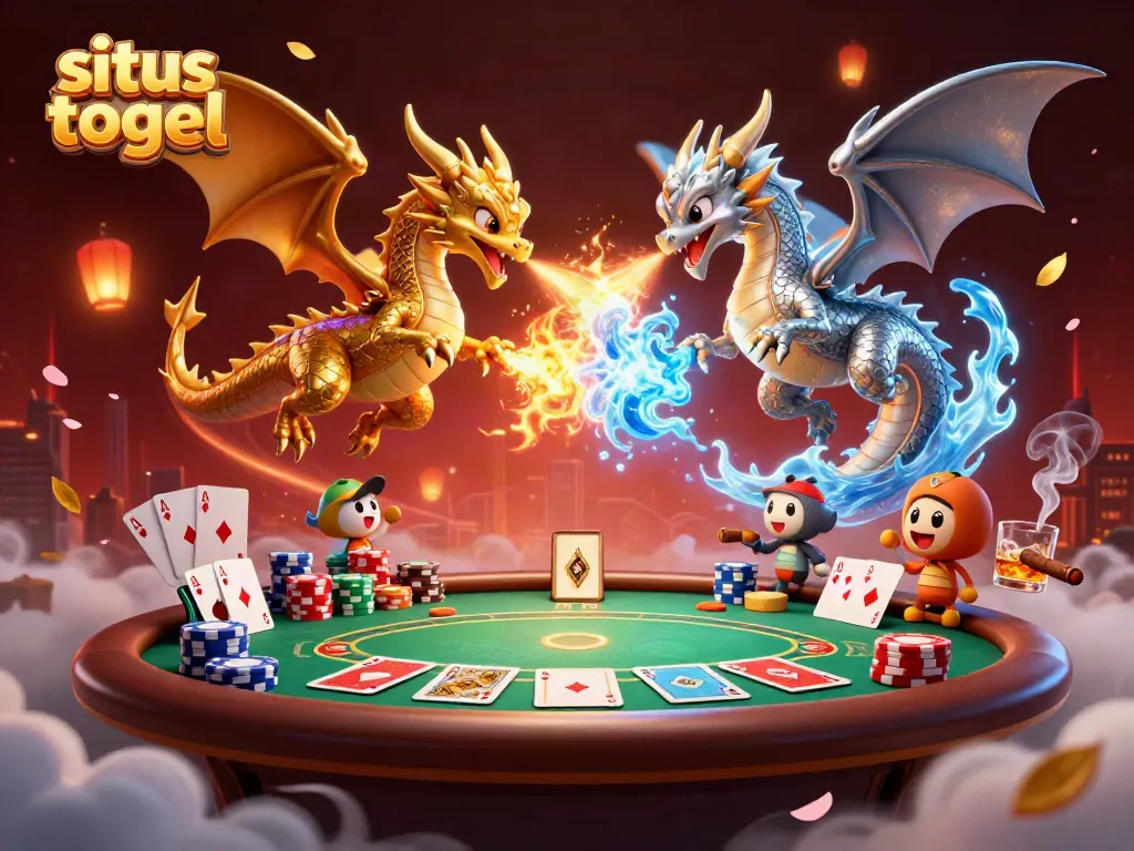 Experience situs togel with dynamic dragons and vibrant poker elements in this captivating illustration.