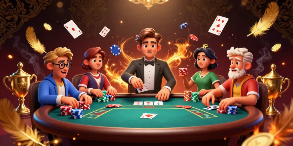 Disfruta de las mejores salas de poker online España en una animada partida, rodeado de fichas y cartas.