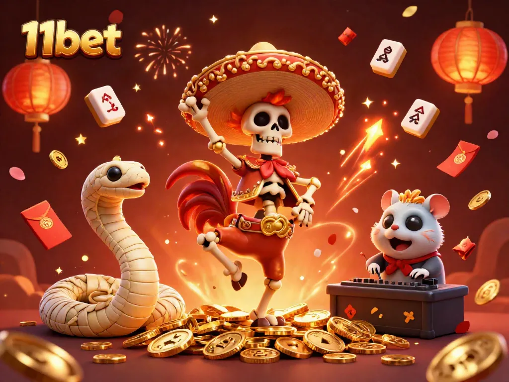 Enjoy winning with 11bet in a dynamic casino scene filled with festive characters and elements.
