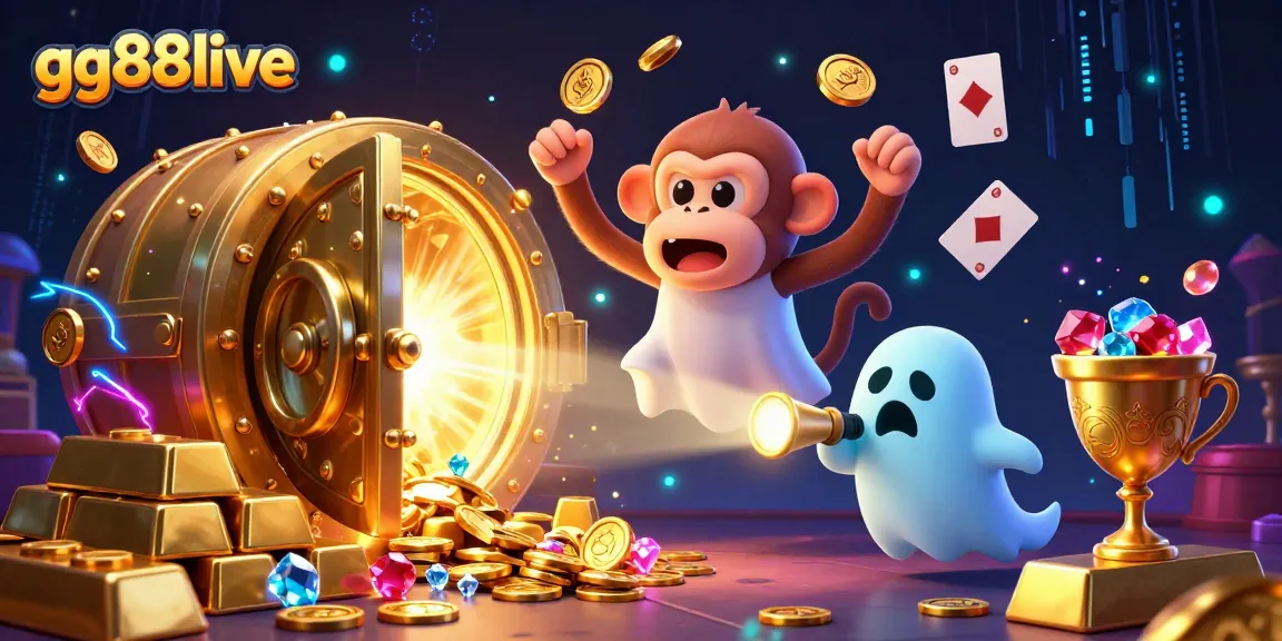 Engage in thrilling gameplay at gg88live with vibrant casino elements illuminated by a golden vault of treasures.