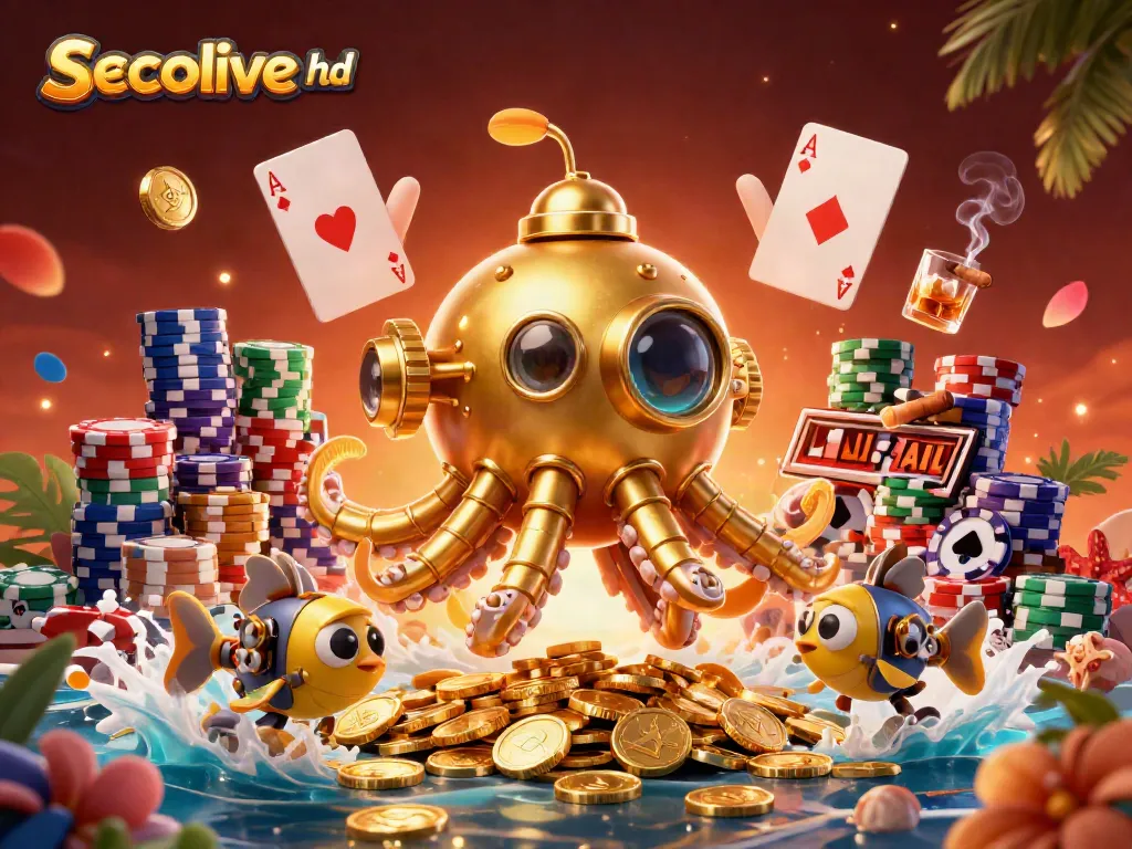 Experience thrilling gameplay with Socolive HD's vibrant visual of the golden kraken amidst poker chips and winnings.