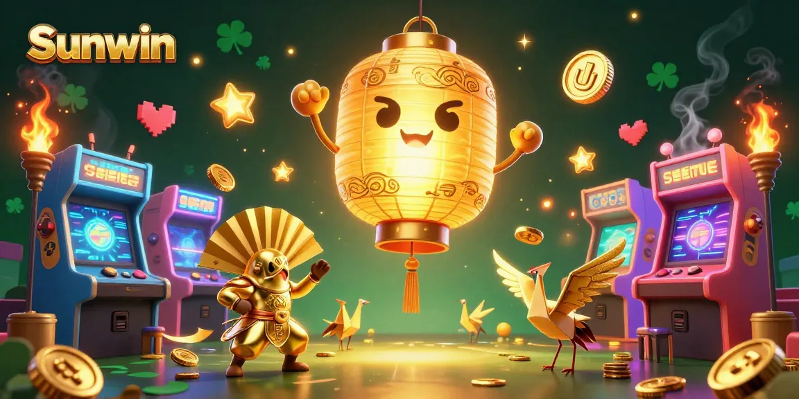 Experience the vibrant Sunwin night market casino with magical golden lanterns and colorful arcade elements.