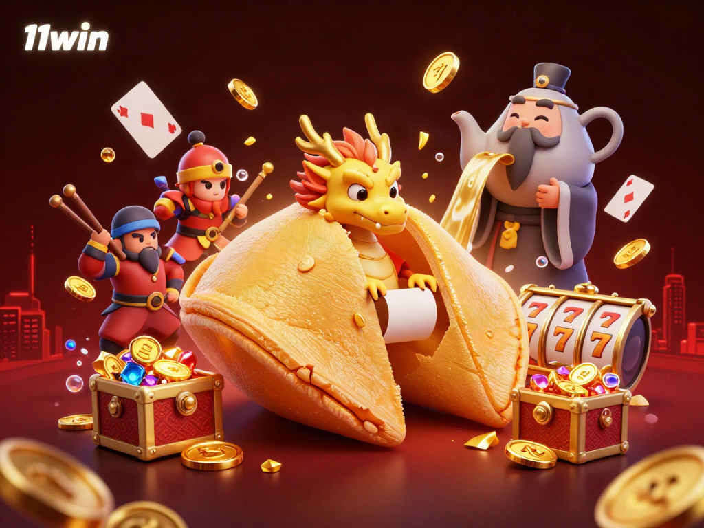 Experience winning moments at 11win with vibrant cartoon illustration featuring casino elements and magical characters.