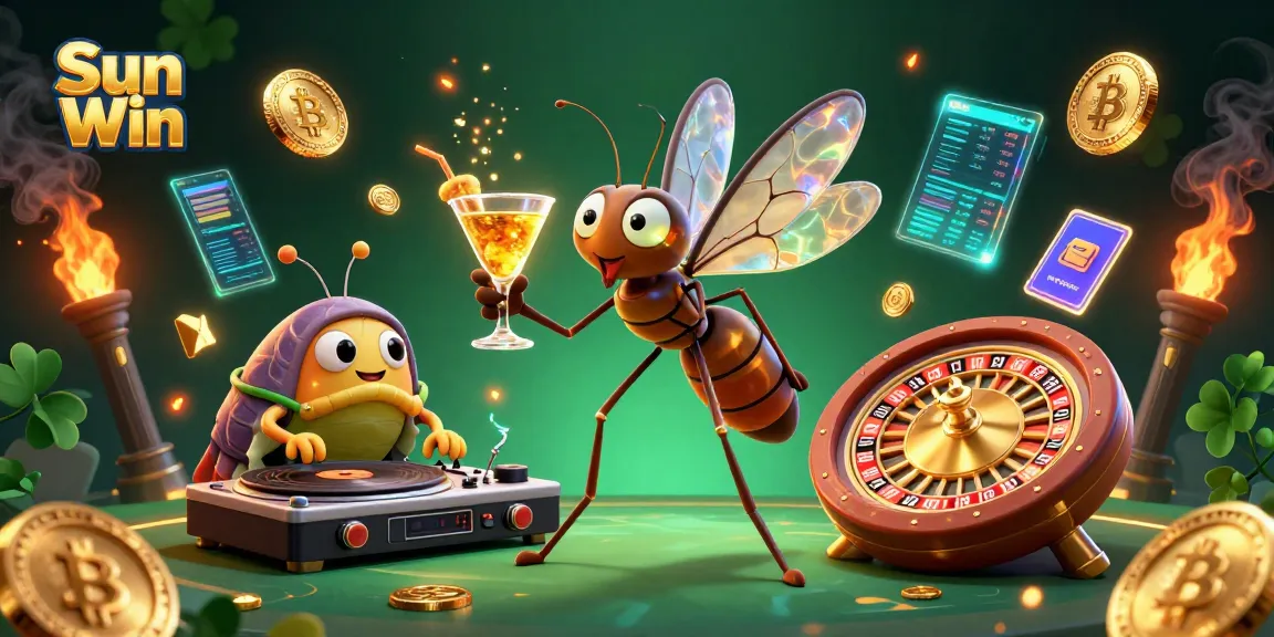 Experience thrilling wins with the vibrant Sun Win casino scene showcasing crypto elements and a dynamic DJ.