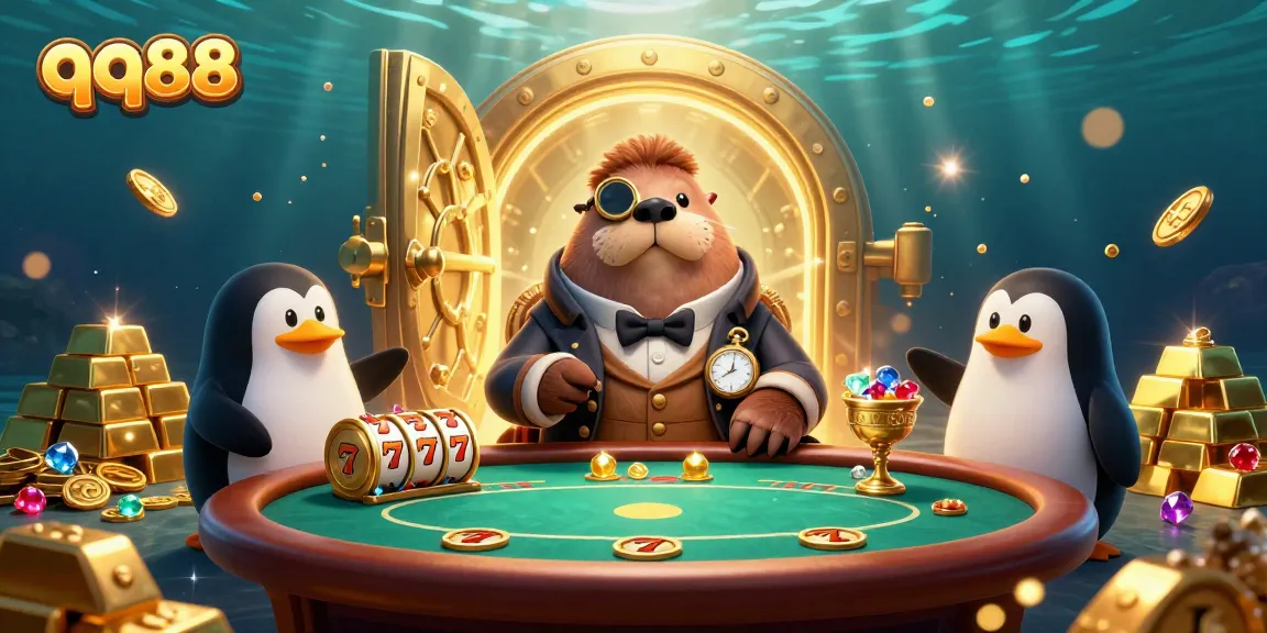 Play exciting games at qq88 with dynamic characters exploring treasure in a casino under the sea.