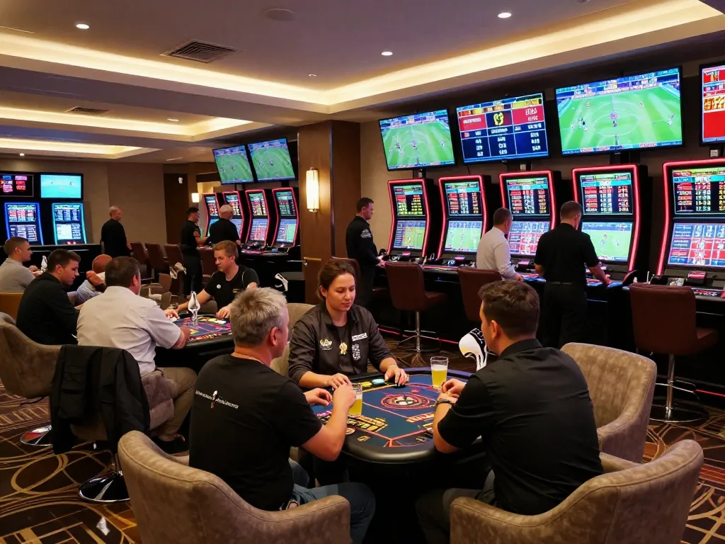 Witness thrilling sports betting action at fishersupermarket with fans tracking live games and placing bets.