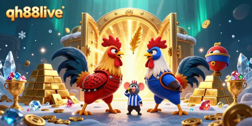 Engage in thrilling battles at qh88live with a striking standoff of roosters amidst dazzling treasures.