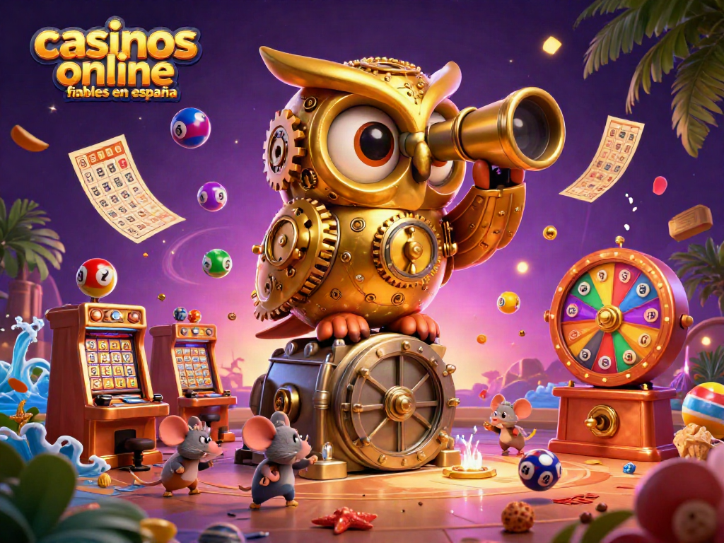 Ilustra una escena vibrante de casinos online fiables en España con un búho de oro y ratones entre tragamonedas y lotería.