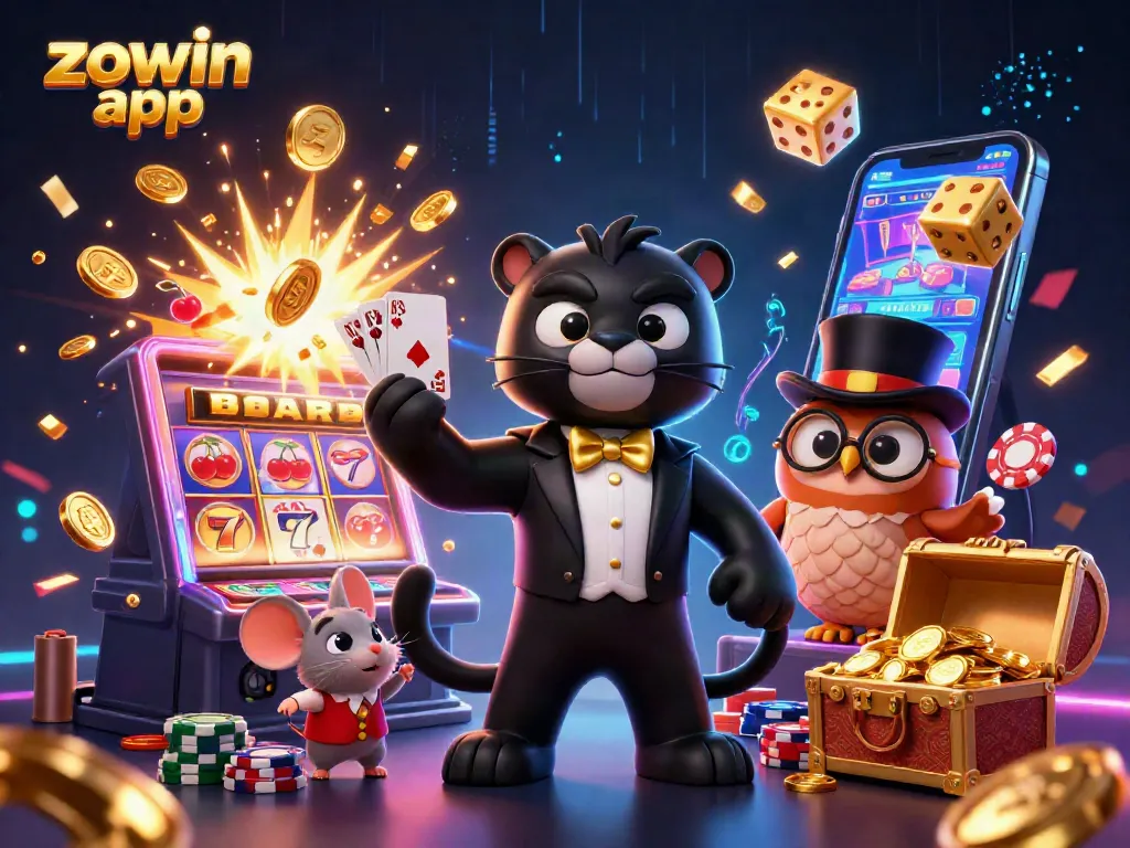 Experience thrilling gameplay with the Zowin app, featuring colorful character interactions and dynamic casino elements.