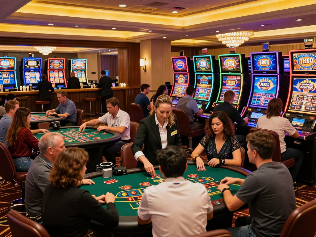 Players enjoying games at modern credit card casinos, lively atmosphere with vibrant lighting and engaging croupiers.