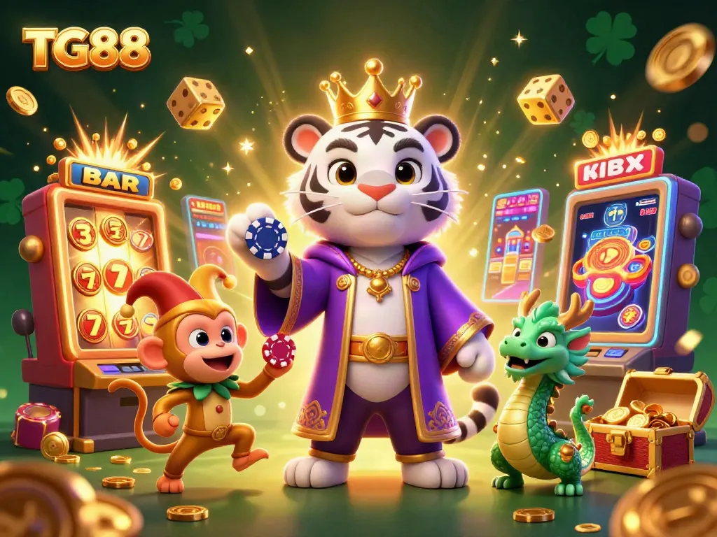 Engage with TG88 in a vibrant 3D casino scene full of glory, featuring jackpot slots and lively characters.