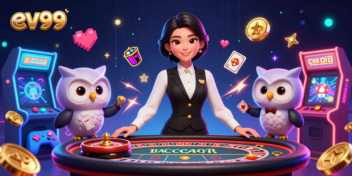 ev99 dealer and owl assistant engaging with players in a vibrant online casino scene.