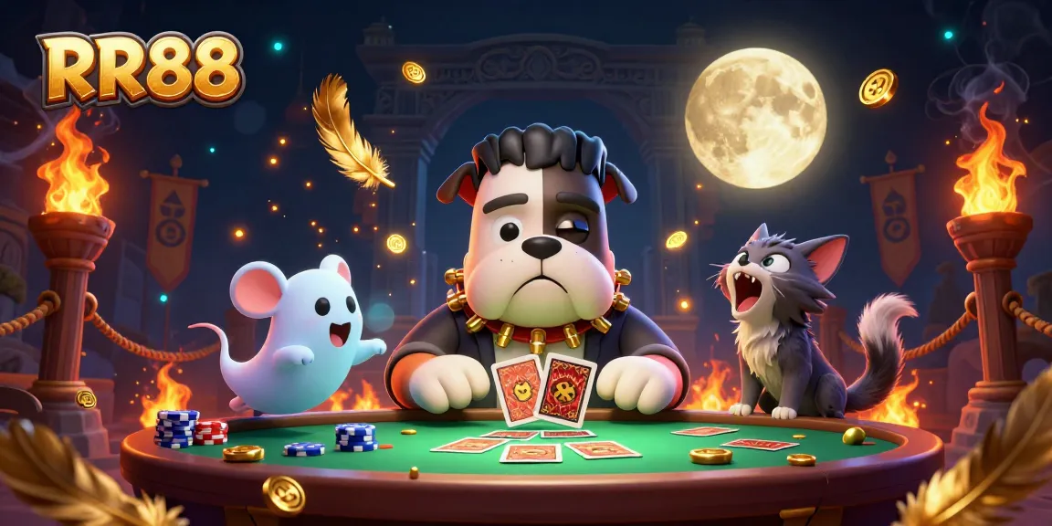 Join RR88 as a Frankenstein bulldog monster deals cards in a thrilling casino scene.