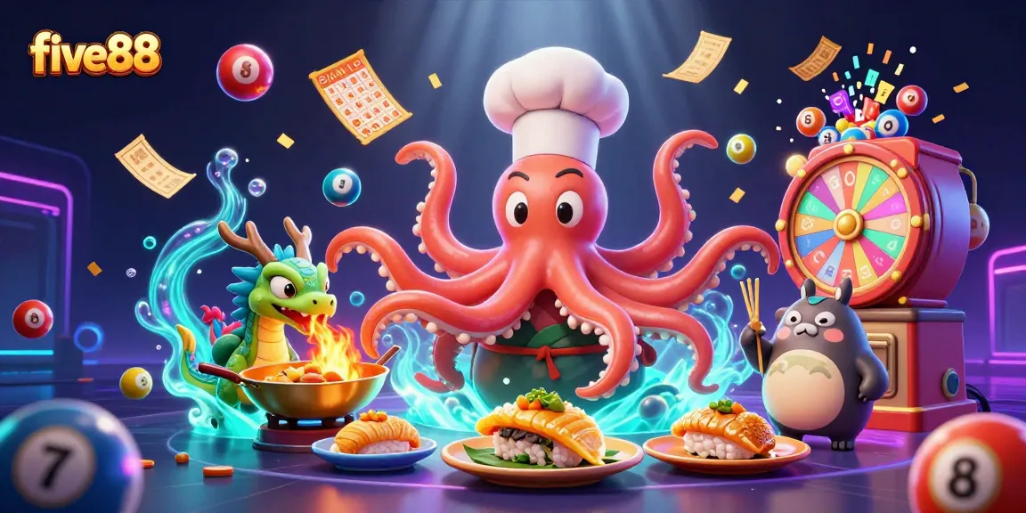 Experience the vibrant excitement of five88 with a dynamic casino illustration featuring a sushi chef octopus and gaming elements.