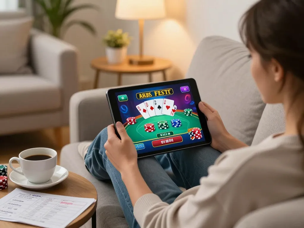 Player enjoying online gaming at home with TG88 app on tablet, surrounded by strategy notes.