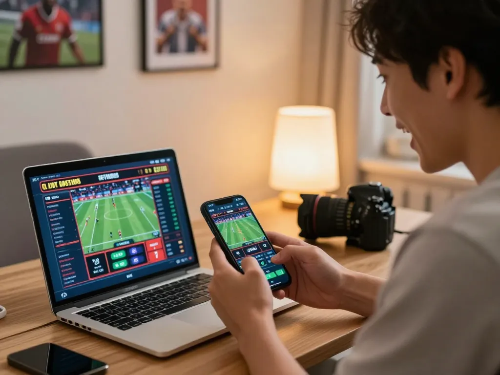 Person actively placing bets on sports events using TR88 mobile app interface, excitement evident in cozy home office.