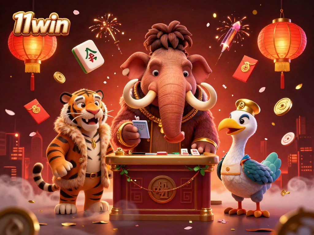 Experience the vibrant world of 11win with a cartoon casino scene featuring engaging characters and festive elements.