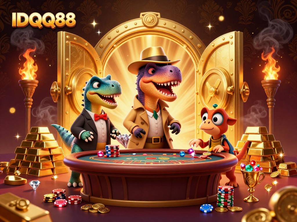 Experience the thrill of casino gaming with IDQQ88's vibrant 3D velociraptor themed blackjack scene.
